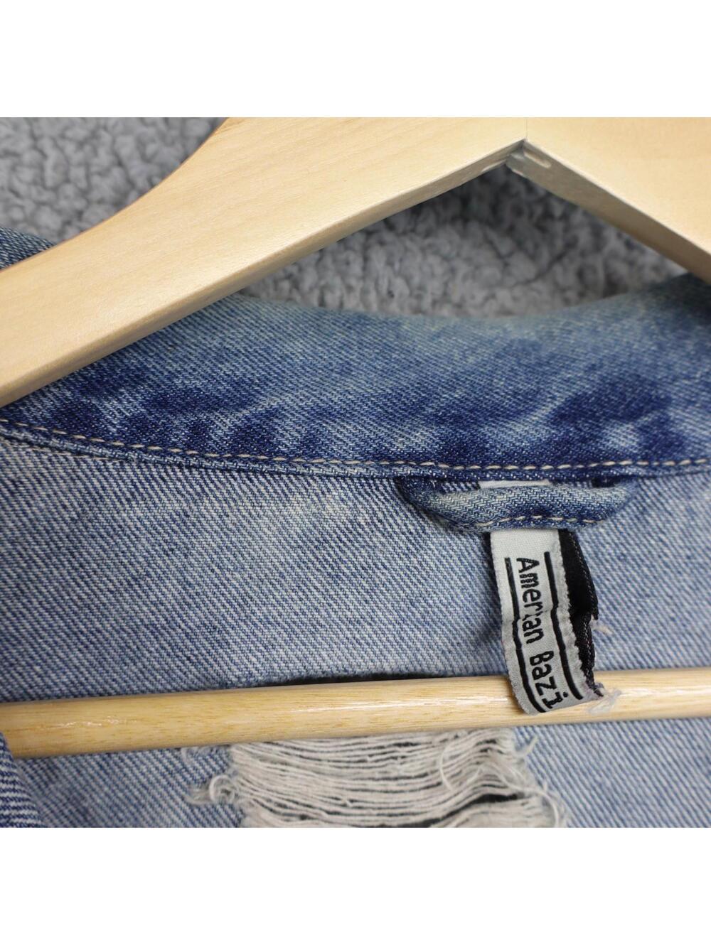 Jean Jacket Long Womens Large American Bazi Distressed Denim - Picture 5 of 11